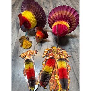 Vintage Thanksgiving Honeycomb Decorations Set - Pilgrims Corn & Turkeys By Pape